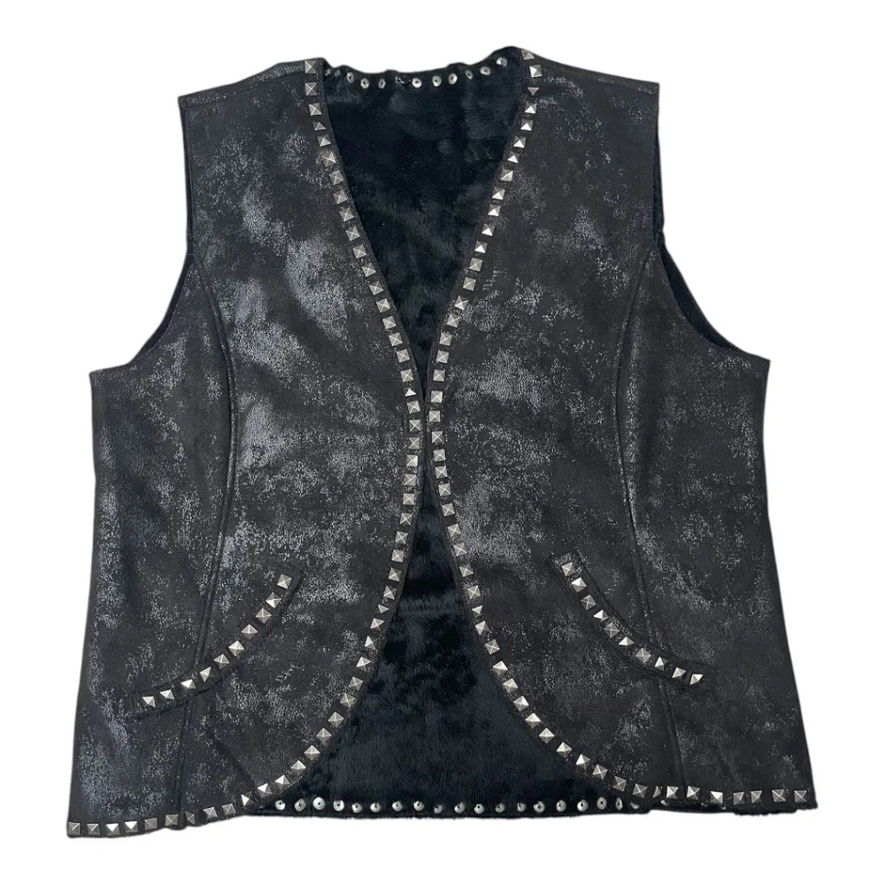 Montanaco Faux Leather‎ Black Studded Western Festival Vest size Large